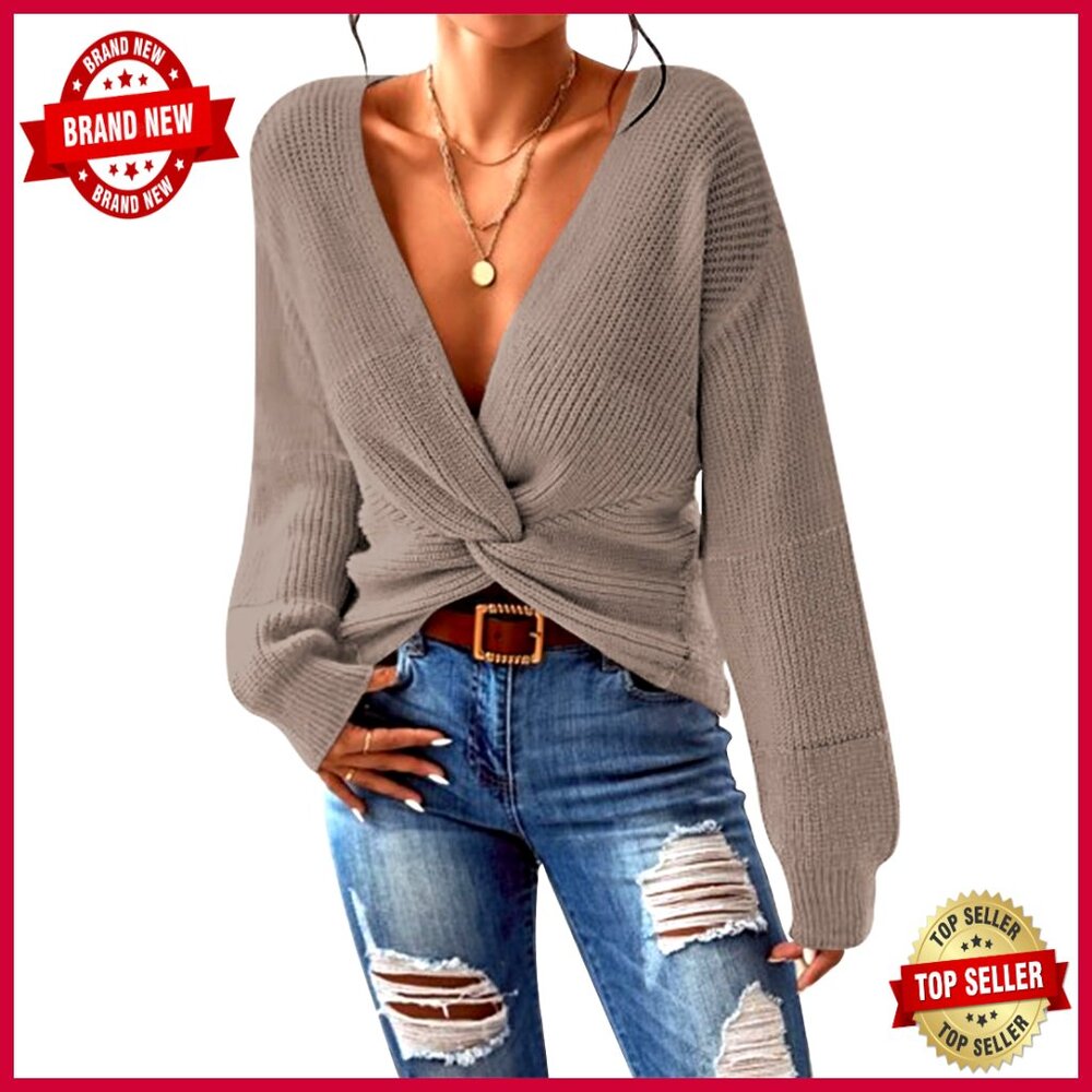 Cropped V-Neck Pullover Sweater Long Sleeve Knit Top Casual Wear